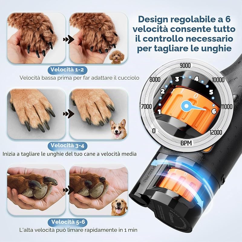Affilaunghie per Cani, Regolabile, 6 velocità, 12000 Giri/min, 45 Db, Doppia Luce LED, Ricaricabile Tramite USB, 3 Porte, Lima per Unghie per Cani di Taglia Grande, Media e Piccola