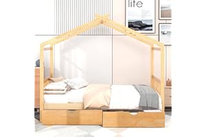 Harper & Bright Designs Full House Bed for Kids , Wooden Size Frame with Two Drawers, Storage Headboard and Footboard,Roof Design Girls Boys Natural (HOUSE STORAGE)