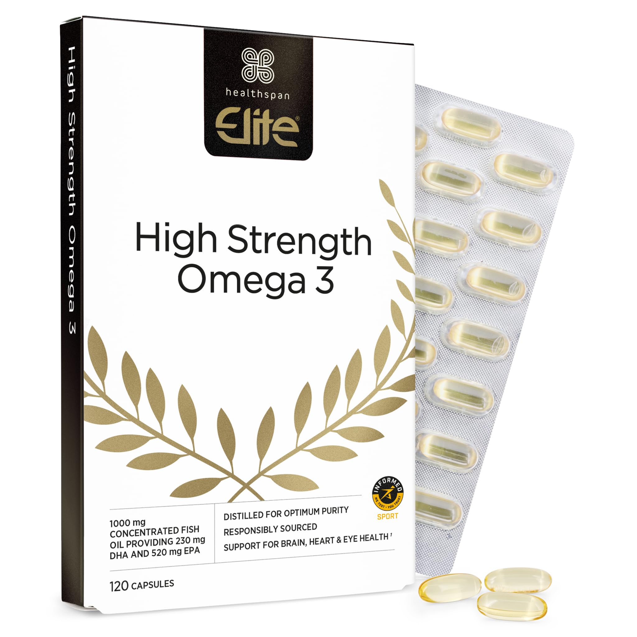 Healthspan Elite Omega 3 1,000mg (120 Capsules) | Support Your Brain, Heart & Eye Health | Delivers 230mg DHA & 520mg EPA | Sustainably Sourced | Informed Sport Accredited