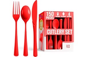 EXQUISITE Party Solids Red Plastic Silverware Heavy Duty 150 Pieces Red Disposable Silverware Heavy Duty, Utensil Sets, 50 Of Each Forks, Knives & Spoons Disposable Cutlery Set For Party Supplies