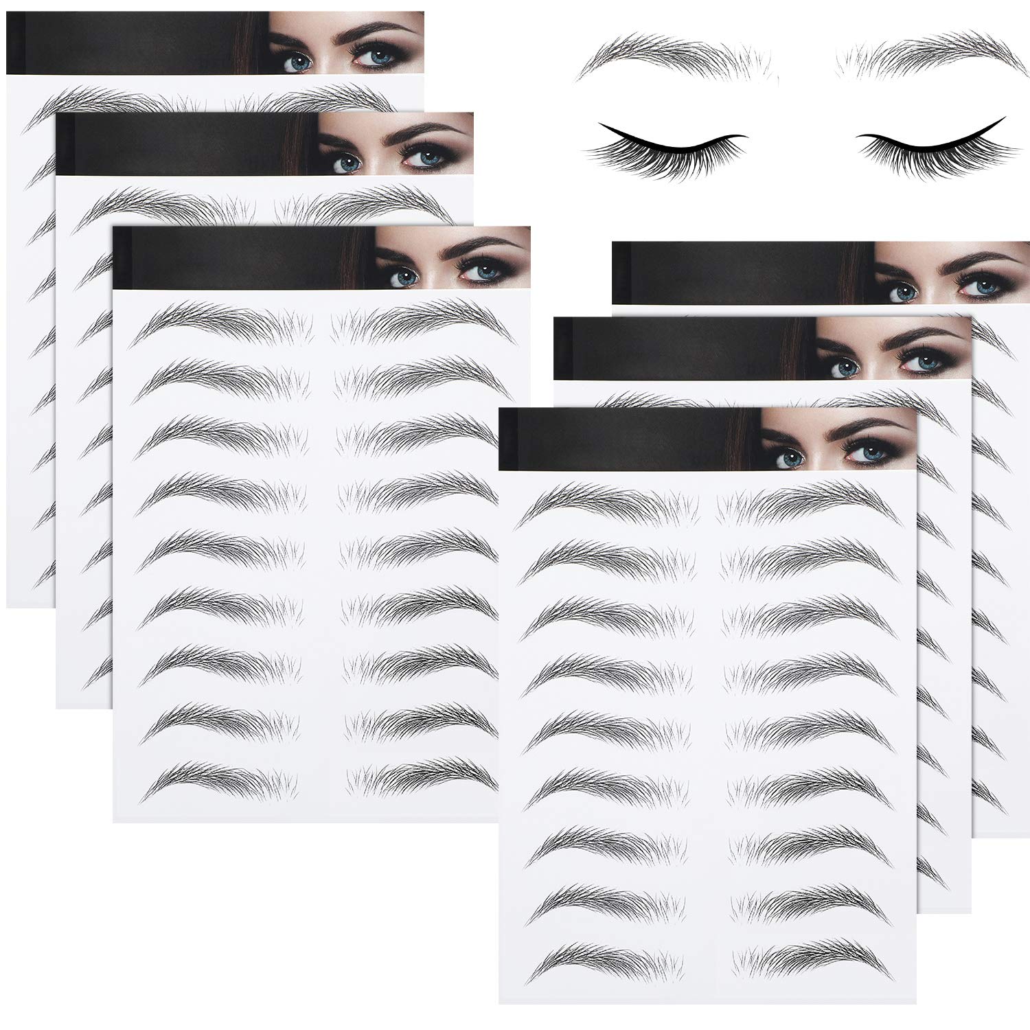 6 Sheets 4D Hair-Like Waterproof Eyebrow Transfers in Arch Style for Women and Girls - 66 Pairs Black (Medium Arch)