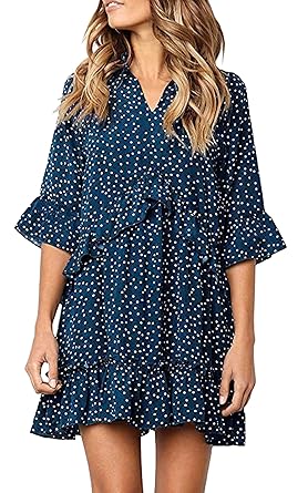 ECOWISH Damen Kleid V Ausschnitt Rüschen Punkte Sommerkleider Halbarm Mini Strandkleider Casual Lose T-Shirt Kleid