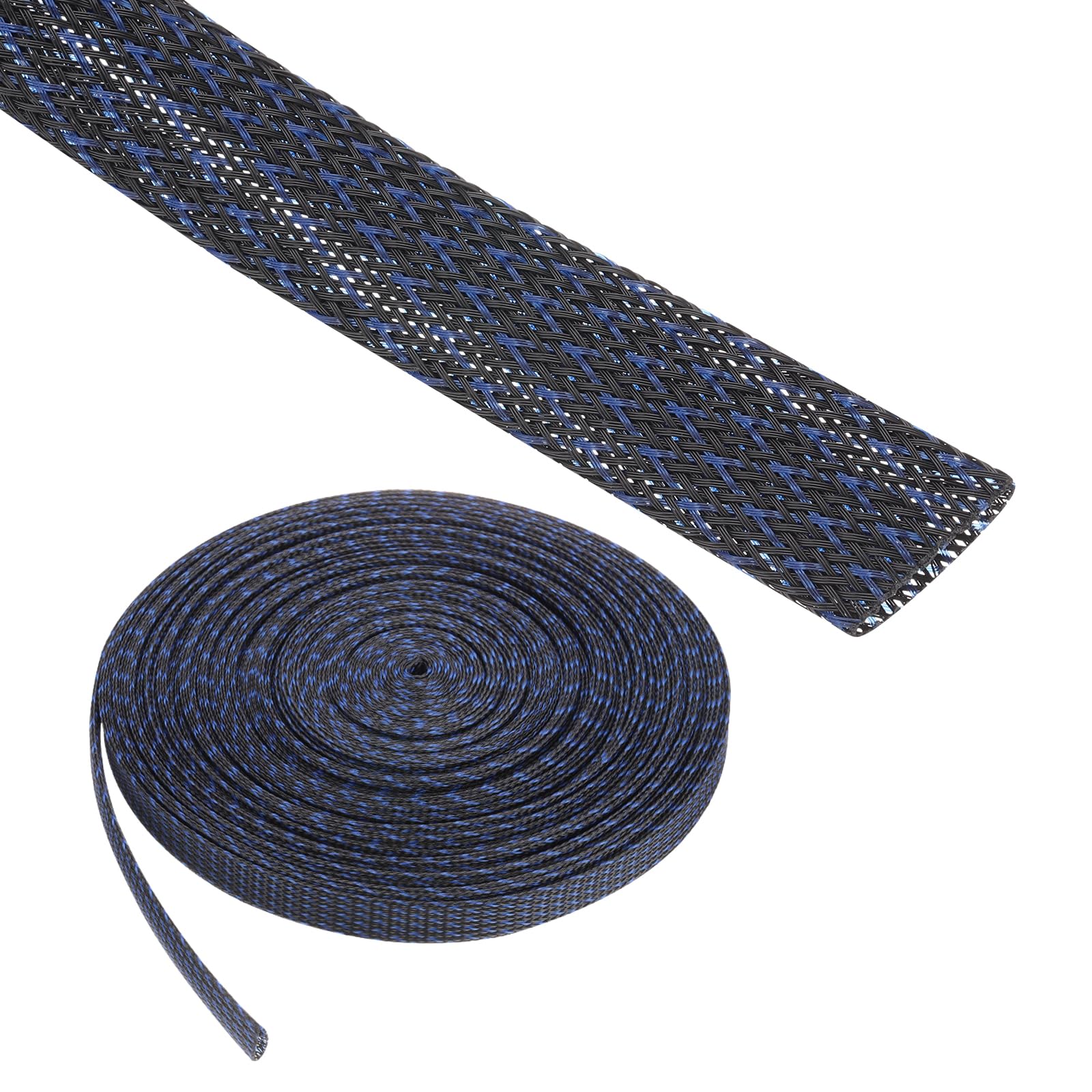 Rebower 100ft PET Expandable Wire Loom 1 Inch, PET Braided Wire Sleeving Cable Management Sleeve Tubing [for Audio Video Home Office Cord Protector]-Black Blue
