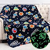 Jekeno Space Toys Gifts for Boys Girls - Glow in The Dark Galaxy Blanket Christmas Birthday Valentines Easter Decor Presents for Grandkids Age 1-14 Year Old Kids Spaceship Rocket Planet Throw 50"x60"