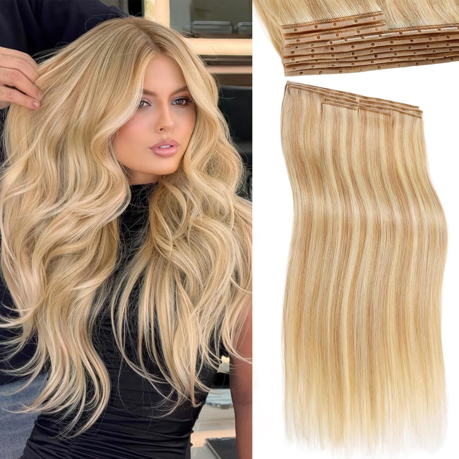 Photo 1 of LADY MIRANDA OVO Double Weft Human Hair Extensions 20 Inch 8Pcs 100g Weft Hair Extensions Human Hair Invisible PU Skin Weft Real Hair Extensions with Micro Beads (18/613, 20 Inch)