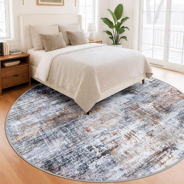 IOHOUZE ABSTRACT ROUND AREA RUG 8 FT WASHABLE CIRCLE RUGS LARGE ROUND RUG NON SLIP THIN SOFT CIRCLE RUGS, PRINTED FAUX WOOL FLOOR CARPET FOR BEDROOM LIVING ROOM DINING ROOM NURSERY, ORANGE GREY