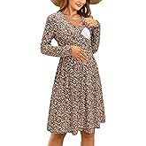 OUGES Womens 2025 V-Neck Maternity Nursing Breastfeeding Baby Shower Dress Long Sleeve Fall Clothes with Pockets