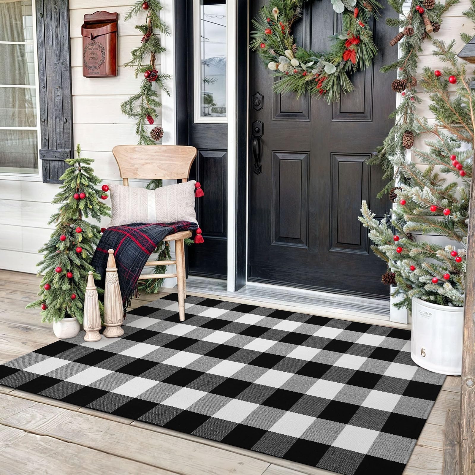 Photo 1 of KOZYFLY Buffalo Plaid Area Rugs 3x5 Ft Black and White Checkered Rug Washable Front Door Mat Hand Woven Cotton Outdoor Rug Large Rug for Front Porch Kitchen Entryway Patio Bathroom