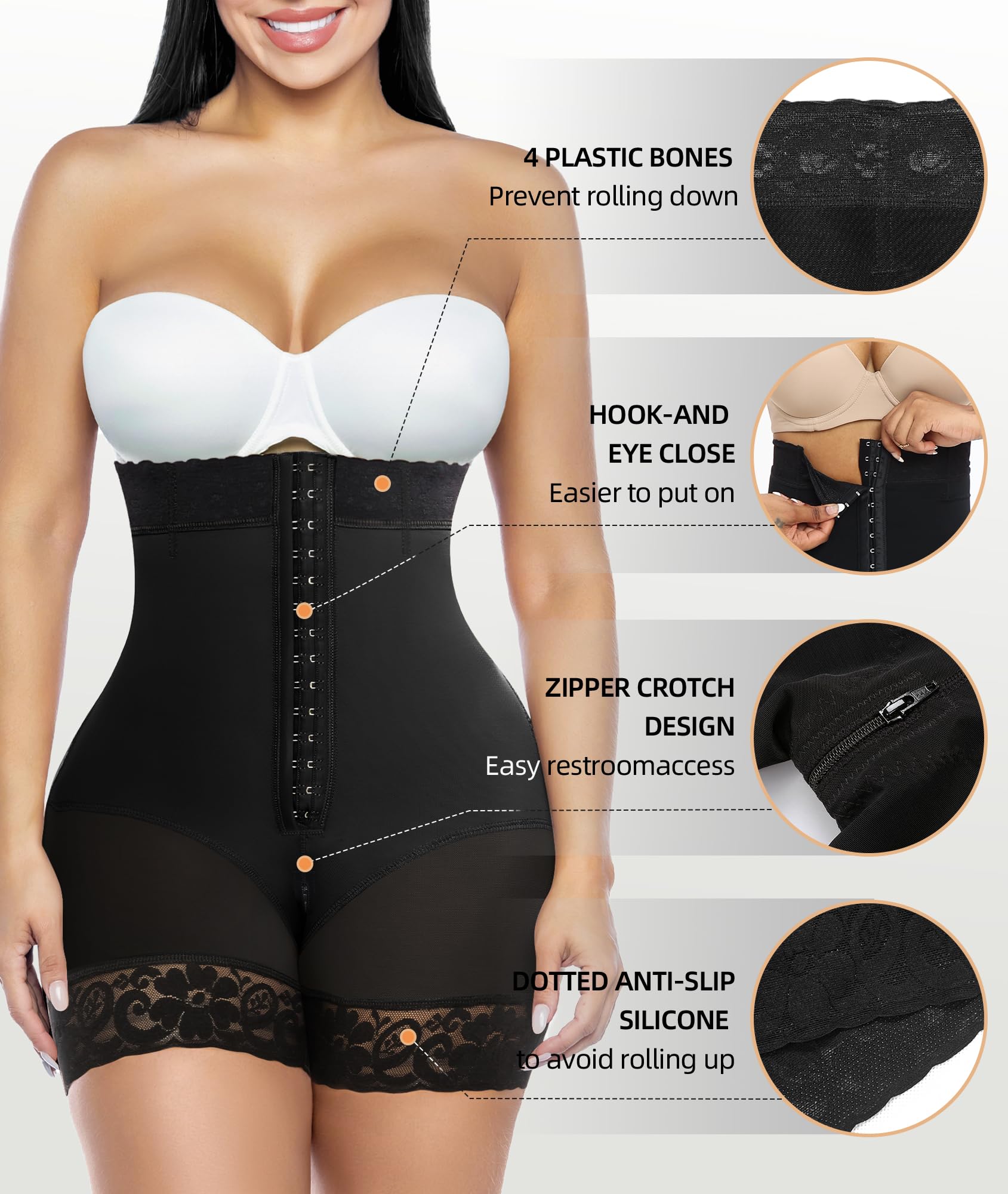 YIANNA Tummy Control Shapewear for Women Strapless Fajas Colombianas Body Shaper Shorts Butt Lifter with Zipper Crotch