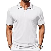 Cotrasen Mens Zipper Polo Shirts Short Sleeve Dual Tipped Collar Golf Shirts Fashion Textured Slim Fit T-Shirts