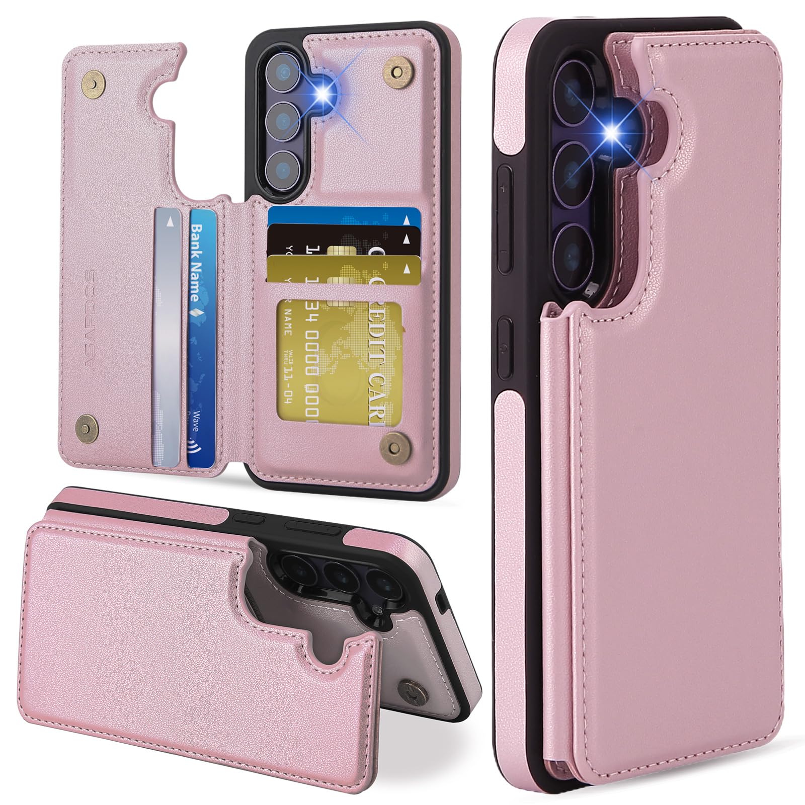 Photo 1 of ASAPDOS for Samsung Galaxy S25 Plus Case with Card Holder,PU Leather Shockproof Flip Case with RFID Blocking Card Holder and Kickstand for Men Women Rose Gold