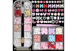 ANOWER 2 Boxes 3D Nail Charms Set, 8 Colors Nail Bows Charms, Multi Color Bow Flower Butterfly Moon Heart Pearls Acrylic Nail Art Charms, Nail Charms and Gems, Nail Art Pearl Rhinestones for Nail Art DIY