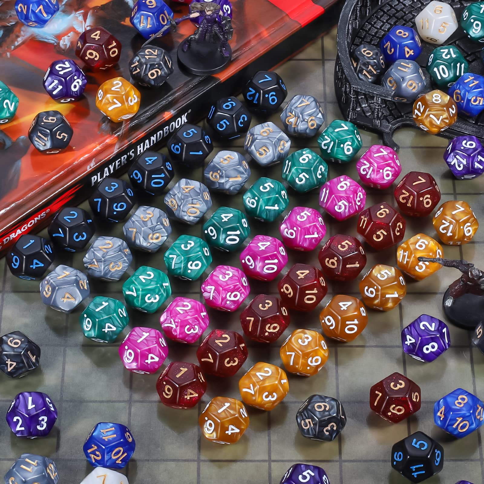 CiaraQ DND Polyhedral Dice (100pcs) with A Dice Bag Compatible with Dungeons and Dragons DND RPG MTG Role Playing Table Games (D12 dice, 10 colors-100 pcs)