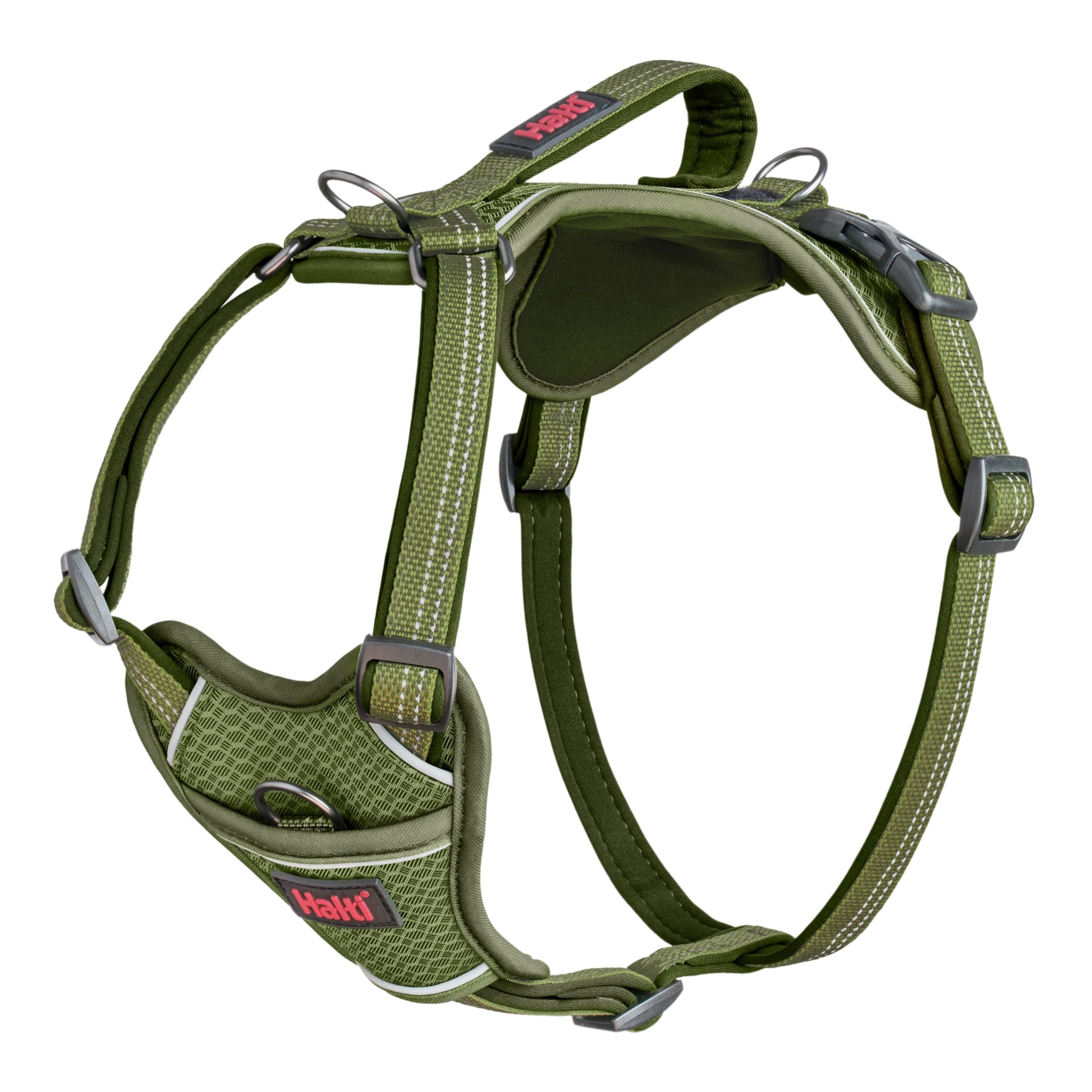 Halti Anatomy Dog Harness with Handle - Provides Your Dog Freedom of Movement for Comfortable Walking. 3 Lead Attachment Points, Neoprene Padded, Adjustable, and Reflective (Size Large, Green)