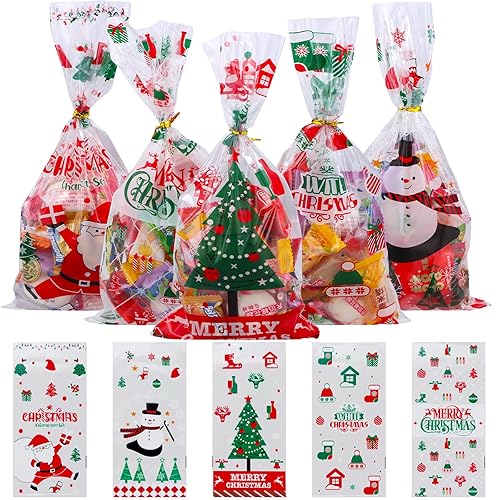 Volumoon Christmas Cellophane Bags, 100Pcs, 5 Styles, 12.5 x 27 cm, Christmas-Themed, Ideal for Gifting & Parties