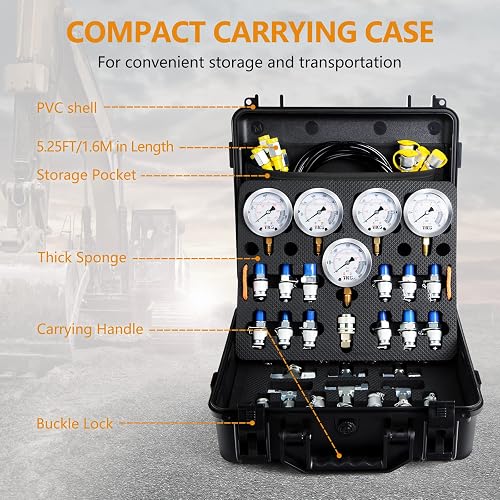 Professional Hydraulic Pressure Test Kit - 5 Gauges (150 To 10,000 PSI), Hoses, Couplings & Case