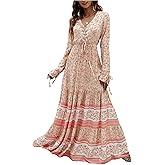 Floerns Women's Floral Print Boho V Neck Long Sleeve Flowy Maxi Dress