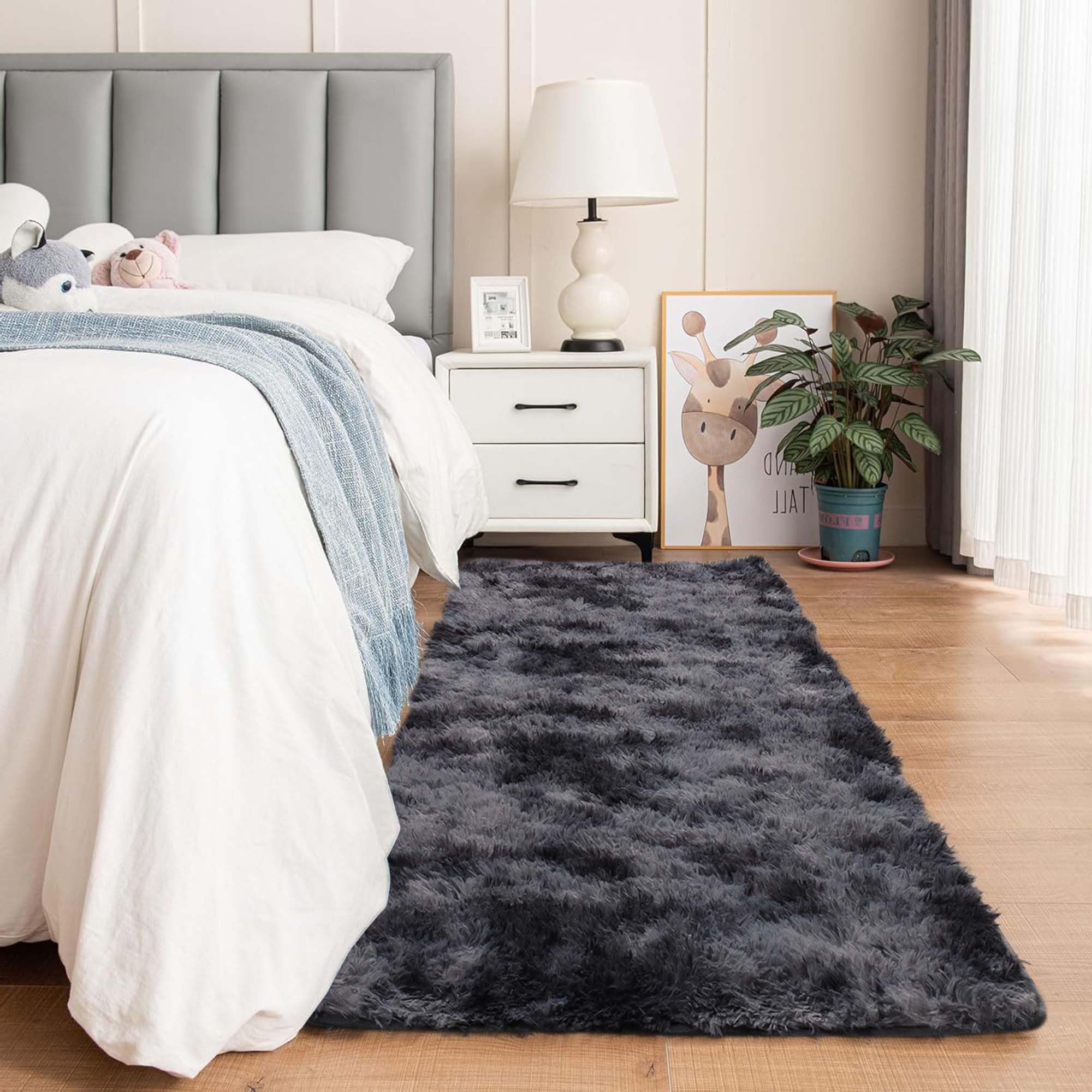 Oxford Homeware Rugs Living Room Hallway Runner 80x300 cm – Tie-Dye Dark Grey Area Rugs for Bedroom Anti Slip – Modern Super Soft Plush Carpets Fluffy Shaggy Rug for Lounge – Non Shedding Bedside Rug