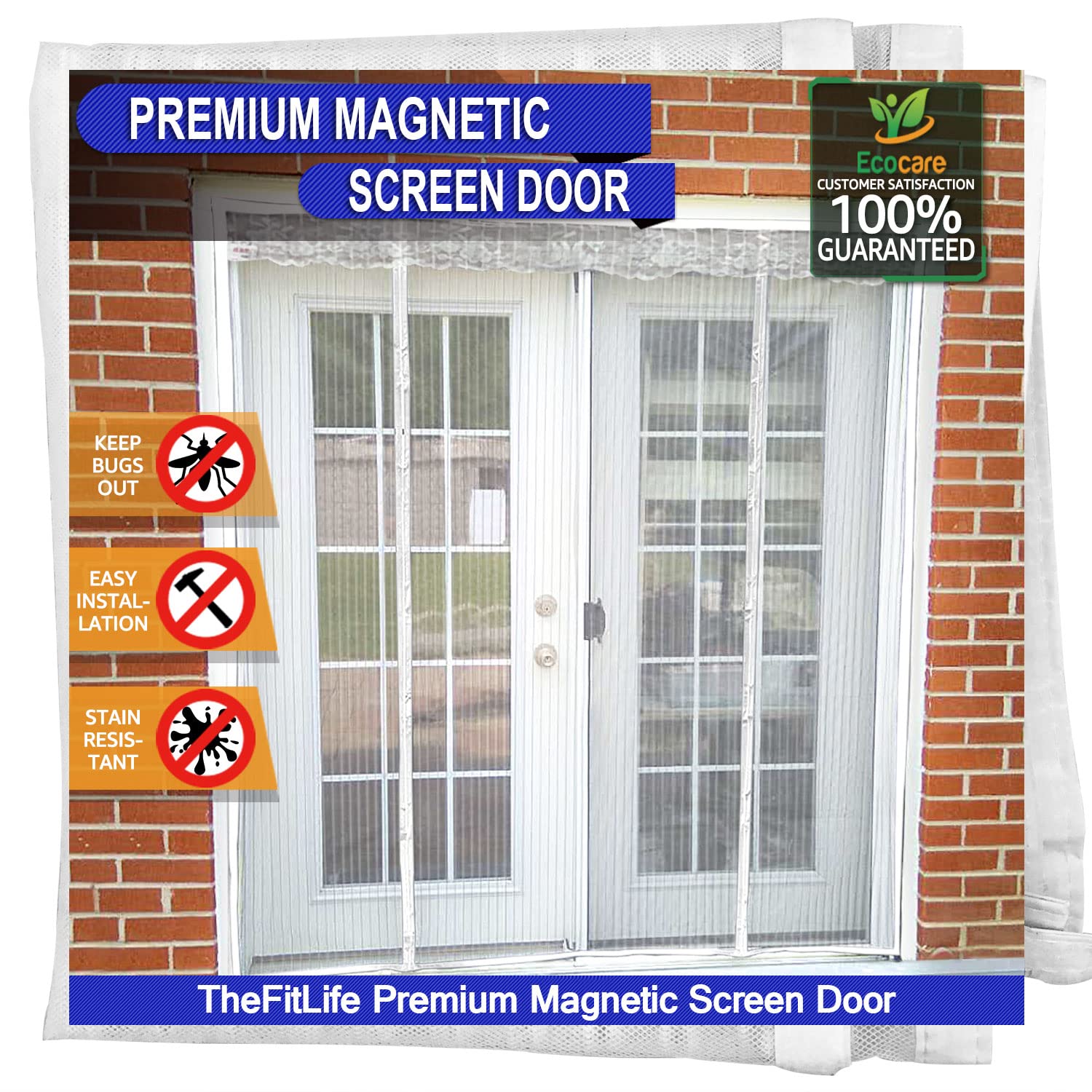 TheFitLife Double Door Magnetic Fly Screen - Mesh Curtain with Full Frame Hook & Loop Powerful Magnets, Snap Shut Automatically