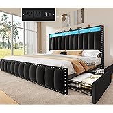 YITAHOME King Size Bed Frame with 4 Storage Drawers and RGB LED Lights, Velvet Upholstered Platform Bed with Charging Station and Bookcase Storage Headboard, No Box Spring Needed, Easy Assembly, Black