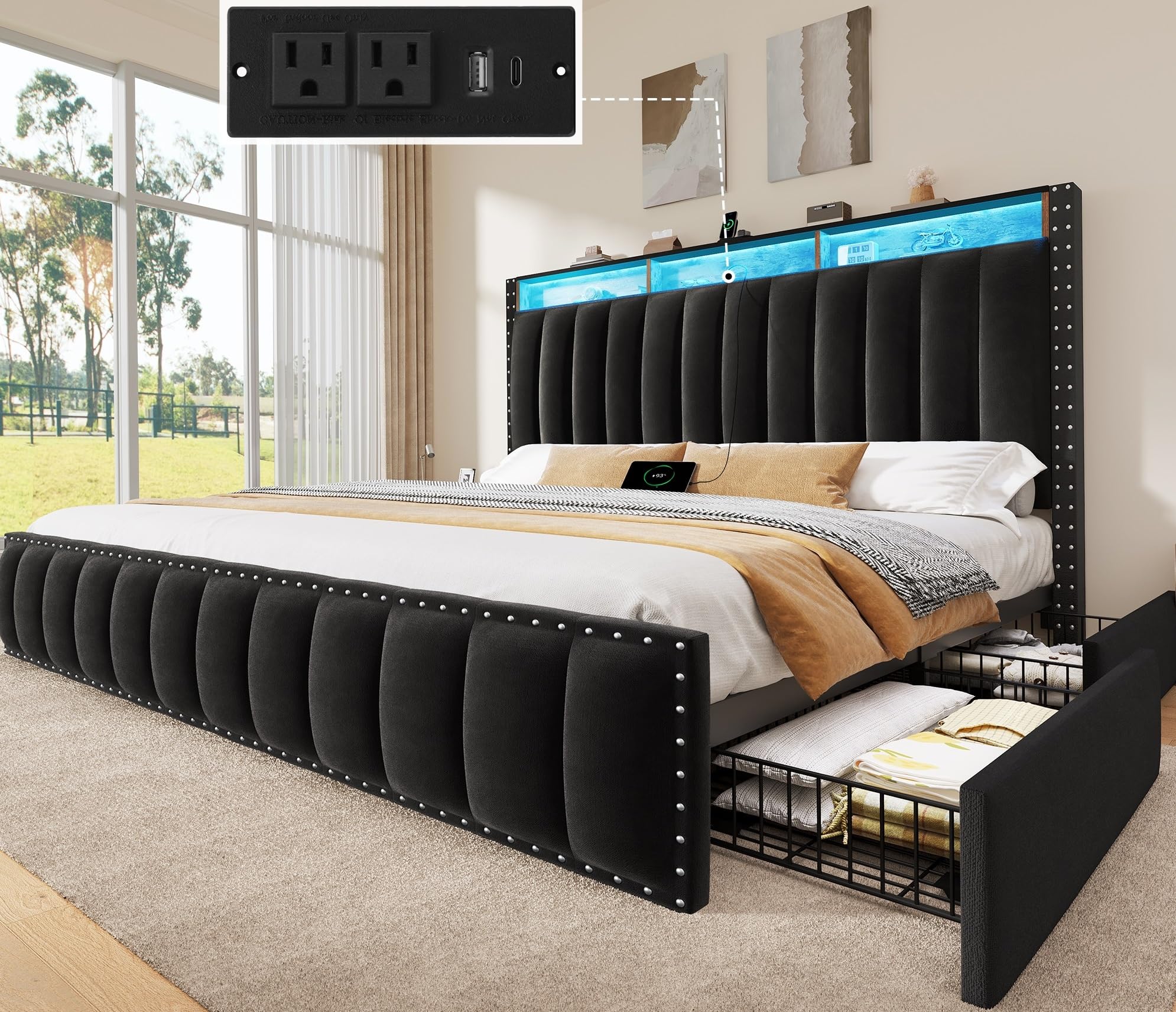 Photo 1 of ***UPDATED 5/1***YITAHOME King Size Bed Frame with 4 Storage Drawers and RGB LED Lights, Velvet Upholstered Platform Bed with Charging Station and Bookcase Storage Headboard, No Box Spring Needed, Easy Assembly, Black