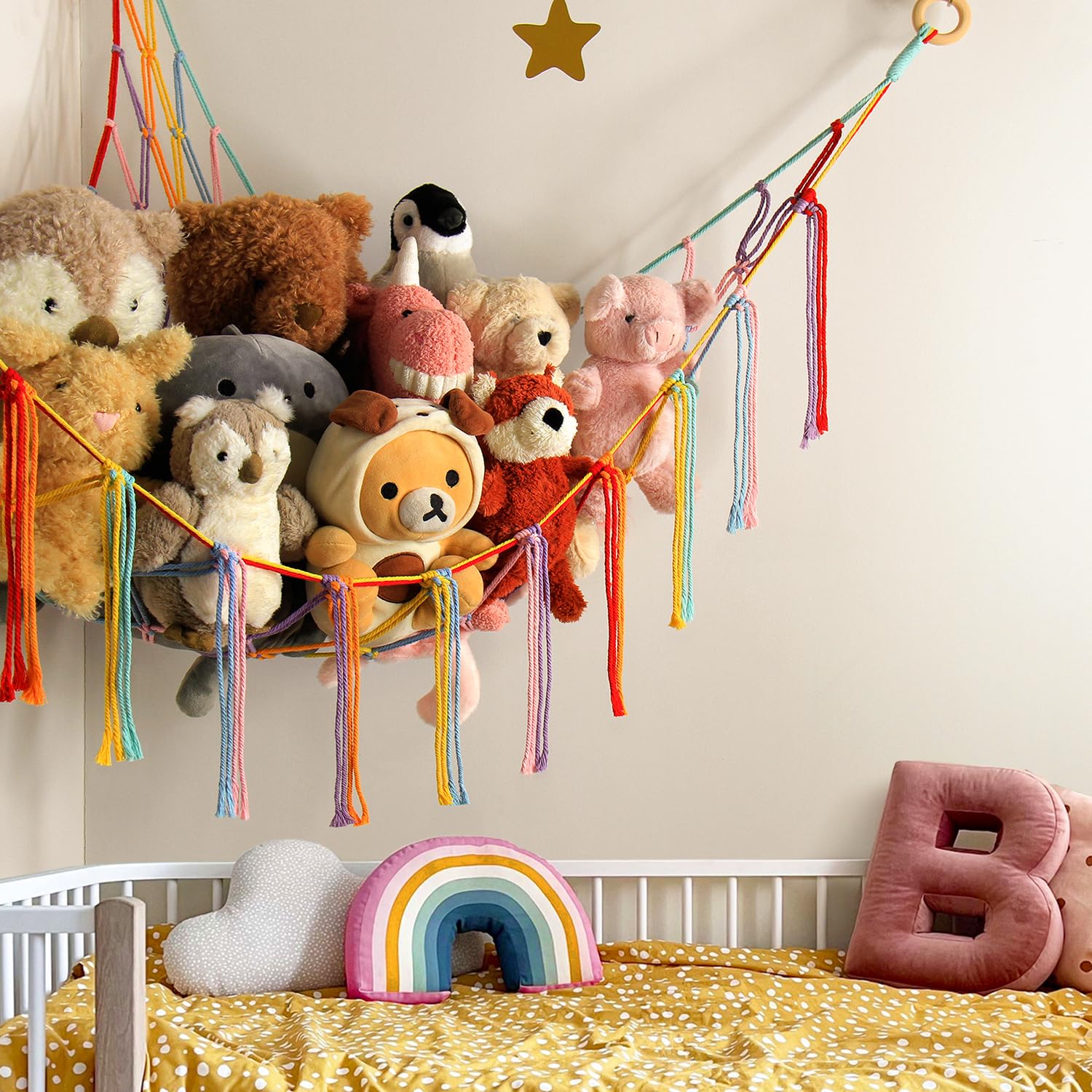 Stuffed Animal Hammock Corner Storage Net Cute Preppy Trendy Stuff Gifts for Teen Girls Baby Room Living Room House Wall Nursery Decor Rainbow Color Colorful Unicorn Hanging Organizers Organization