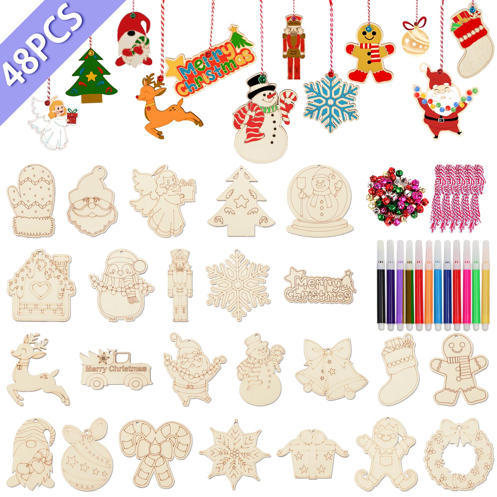 Fayavoo 48Pcs Wooden Christmas Ornaments - 24 Styles Baubles for Crafting With Bells, Colored Markers and Rope - Unfinished Wood Slices for DIY Crafts and Tree Decorations