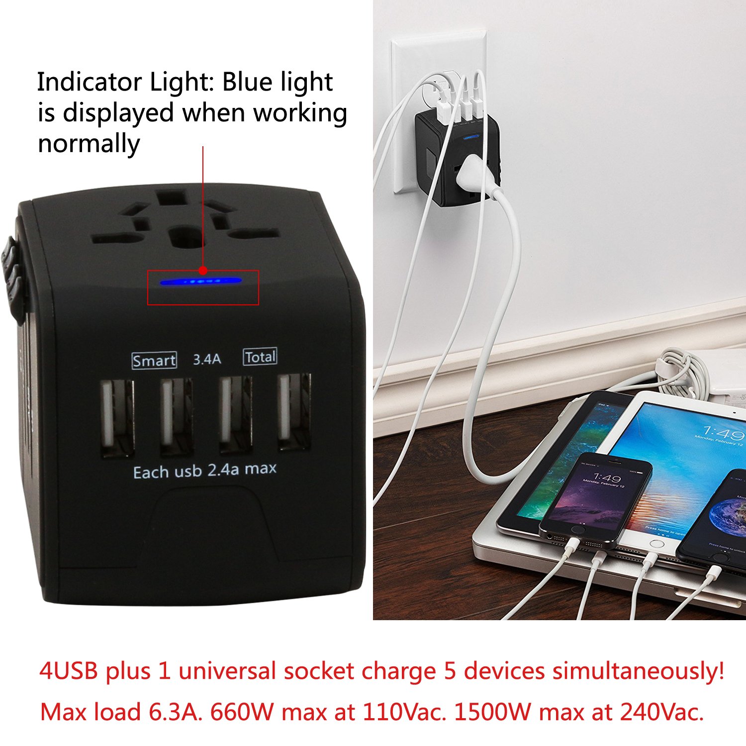 Universal Travel Adapter - 4 USB 3400mA MAX Wolrd Travel Adapter for iPhone iPad Laptop Android Phone Shaver Cameras etc - Plug Adapter Charger for US UK EU AU etc - Covers over 150 Countries (Black)