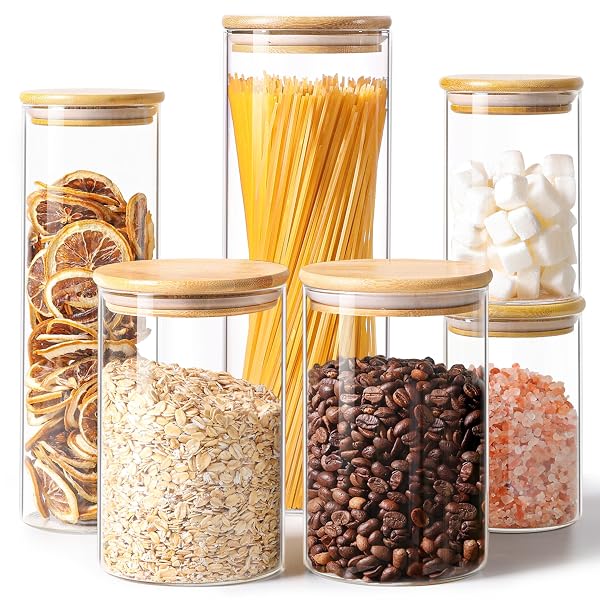 COMSAF GLASS FOOD STORAGE JARS SET OF 6, CLEAR GLASS STORAGE CONTAINERS WITH LIDS, CANISTERS SETS FOR THE KITCHEN, SPAGHETTI, PASTA, FLOUR, NUTS, OAT, COFFEE AND SUGAR CONTAINER, PANTRY ORGANIZATION