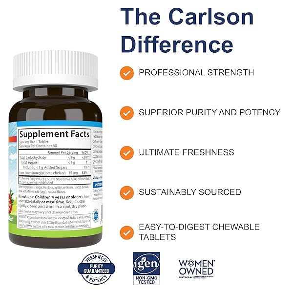 CARLSON – KID’S CHEWABLE IRON, 15 MG, SUPERIOR ABSORPTION, BLOOD HEALTH, ENERGY PRODUCTION & OPTIMAL WELLNESS, NATURAL STRAWBERRY FLAVOR, 60 TABLETS