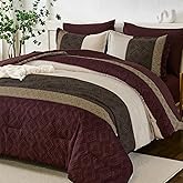 Dinjoy Boho Queen Comforter Set Burgundy,7 Piece Bed in a Bag Queen Size Warm Striped Dark Red Bedding Sets Plaid Fall Comforters Set with Sheets for Family All Season
