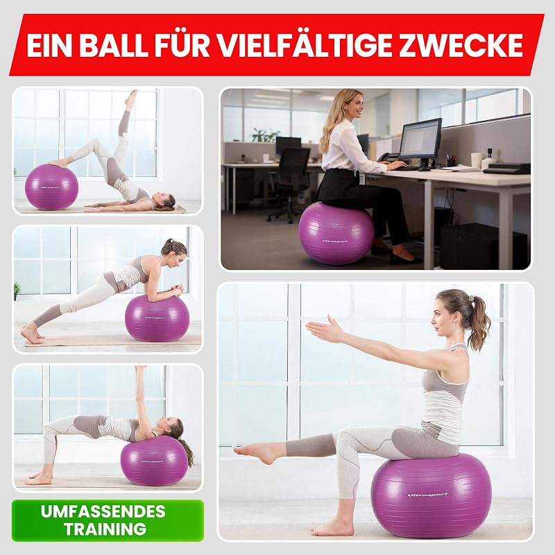 Pilatesball für Yoga & Fitness I Softball bis 300kg, rutschfest, Anti-Burst I Fitball für Schwangerschaft, Gymnastik, Ergonomischer Sitzball für Büro, Klein und Groß (Rot, 55 cm)