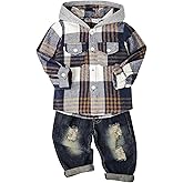 ODIMAME Toddler Baby Boy Fall Winter Clothes Long Sleeve Plaid Hooded Sweatshirt Ripped Holes Jeans Set 1-5 Years Old