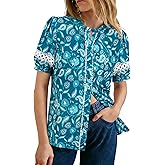 GRACE KARIN Women Boho Floral Tops, Summer Short Eyelet Sleeve Dressy Casual Shirts, Spring Button Down Blouse 2026 Trendy