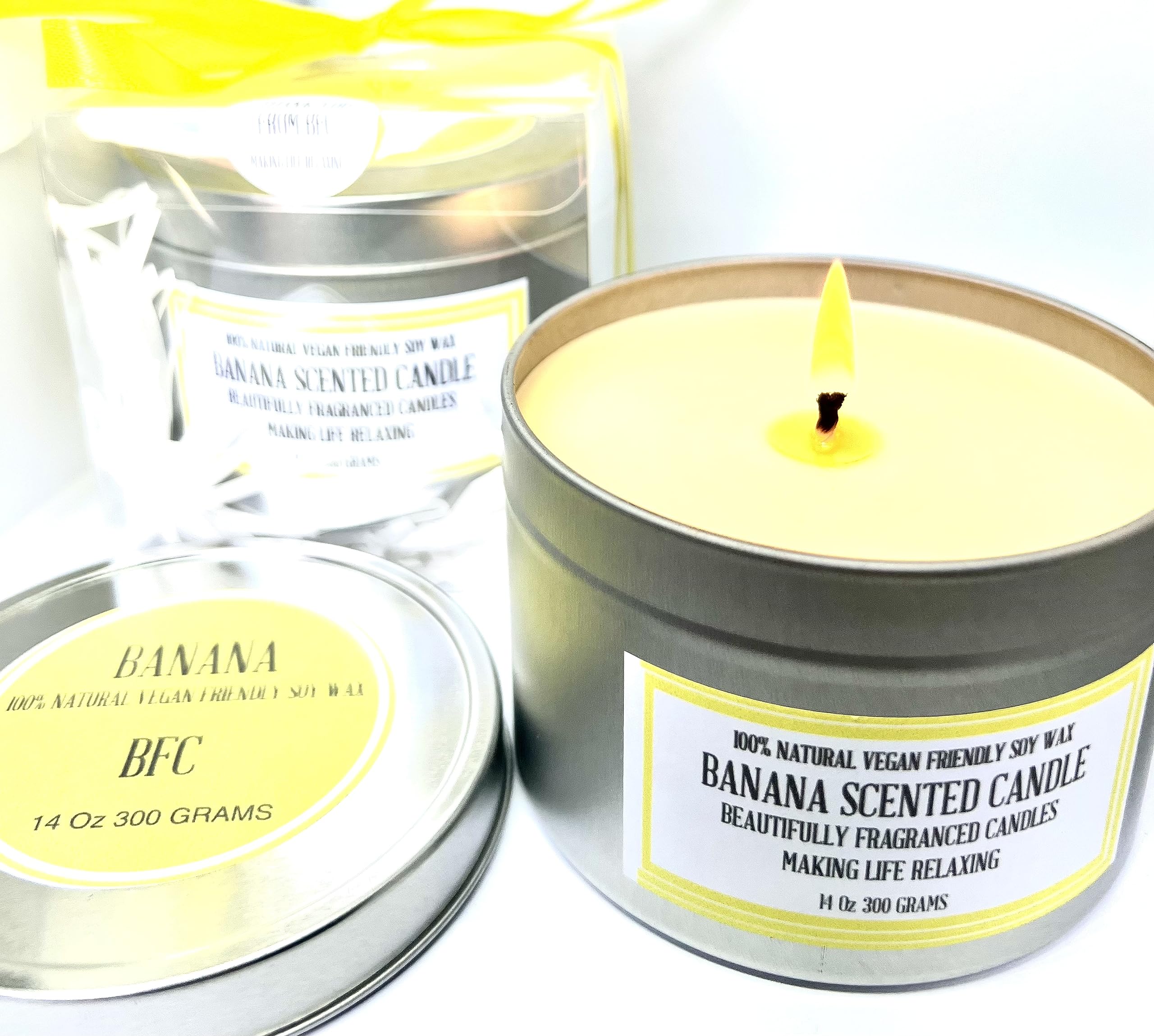 Banana Scented Soy Wax Candle - Banana Scented 52 Hours Burn Time 14 Oz 300 Grams Soy Wax Candle Silver Brush Finish Tin. Shipping on 48 Hour Tracked Service