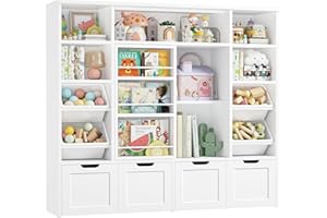 FINETONES 55.1’’ W Toy Storage with Sliding Bookshelf, Large Toy Organizer Kids Bookshelf with 4 Movable Drawers and 4 Bins, Toy Bins for Kids Organizer Playroom Storage for Kid Room, White