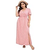 KOJOOIN Womens Kojooin Women Plus Size Wrap Maxi Dress Short Flutter Sleeves Empire Waist Side Split a Line Casual Dress