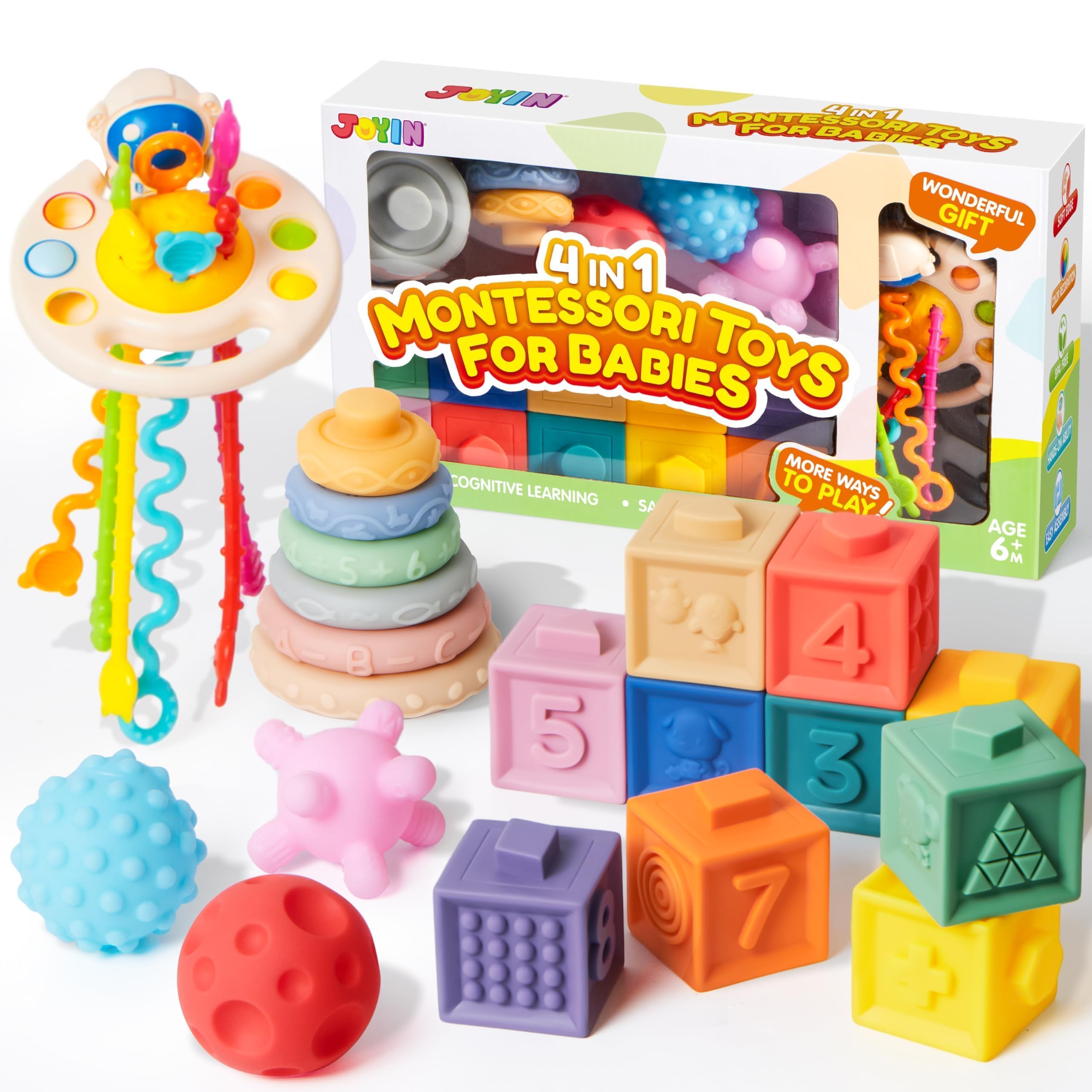 JOYIN Baby Sensory Toys 10-36 Months, Montessori Teething Toys, Stacking Blocks, Stacking Circles Teether, 3D Stress Balls & Pull String, Learning Gifts for Baby Girls Boys
