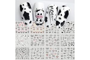 MAIOUSU STORE Nail Art Stickers, 12 Sheets Cute Milk Cartoon Water Transfer Nail Decals Nail Stickers with Assorted Patterns Milk Cow Animal Leopard Heart Design DIY Nail Art Decoration