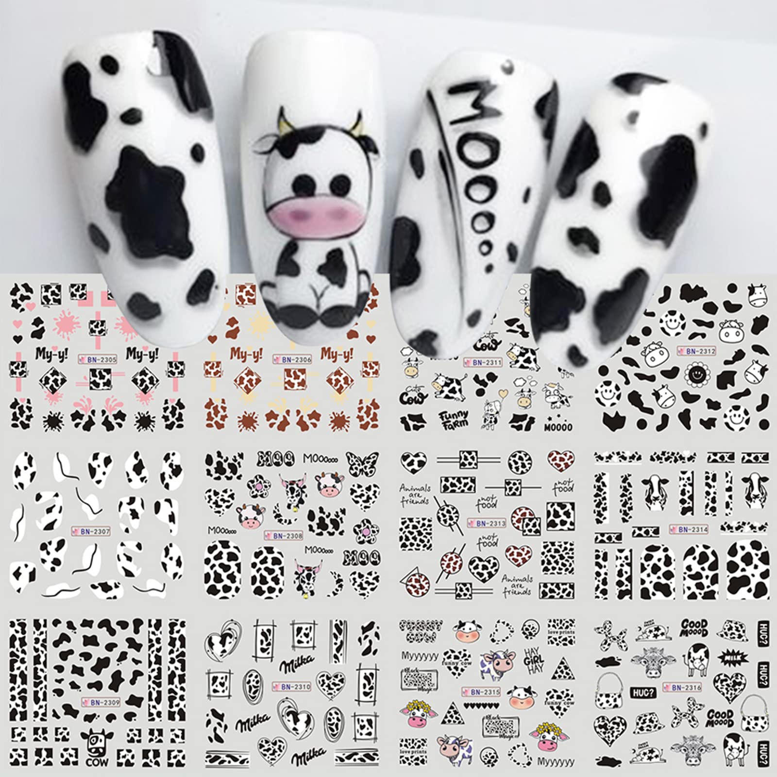 Photo 1 of MAIOUSU STORE Nail Art Stickers, 12 Sheets Cute Milk Cartoon Water Transfer Nail Decals Nail Stickers with Assorted Patterns Milk Cow Animal Leopard Heart Design DIY Nail Art Decoration