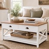 PHI VILLA White Coffee Table with Drawers,2 Tiers Living Room Coffee Table | Storage Shelf Rustic Rectangle Coffee Table with Drawers, Farmhouse Wood Coffee Table, Modern Style