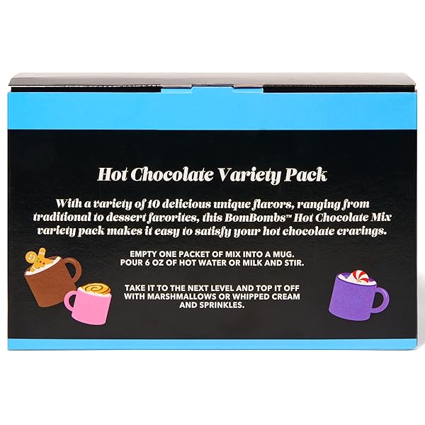 BOMBOMBS HOT CHOCOLATE MIX GIFT SET, MODERN AND FUN PACKAGING, 10 UNIQUE FLAVORS INCLUDE ROCKY ROAD, PEPPERMINT SWIRL, GINGERBREAD, SALTED CARAMEL DONUT AND MORE, HOT CHOCOLATE PACKETS, SET OF 40