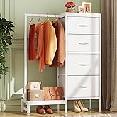 HIGDBFE Dresser with Hanging Rack, 4 Drawers Small Closet for Bedroom, Reversible Fabric Kids Chest of Drawers with Clothes R