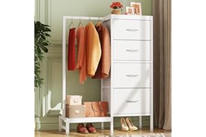 HIGDBFE Dresser with Hanging Rack, 4 Drawers Small Closet for Bedroom, Reversible Fabric Kids Chest of Drawers with Clothes Rack, Tall Storage Tower, Sturdy Frame, White, 44''H