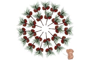 Geefuun 24Pieces Christmas Artificial Pine Needle/Pick Decorations 1 Pack Jute Twine Rope - Xmas Party Gift Wrapping Decor Wreaths Arrangement Tree Ornaments Wedding Supplies