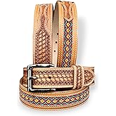 DANIEL'S ARTPLANET Western Belt for Men Handmade Full Grain Leather Beaded Tooled Cowboy Belt with Removable Buckle 1.5”