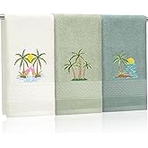 Hahafelt 3 Pack Summer Palm Tree Hand Towels for Bathroom 100% Cotton Embroidered Beach Bathroom Towels 13.78 x 29.53 Inch Soft Absorbent(Green Series, Palm Tree)