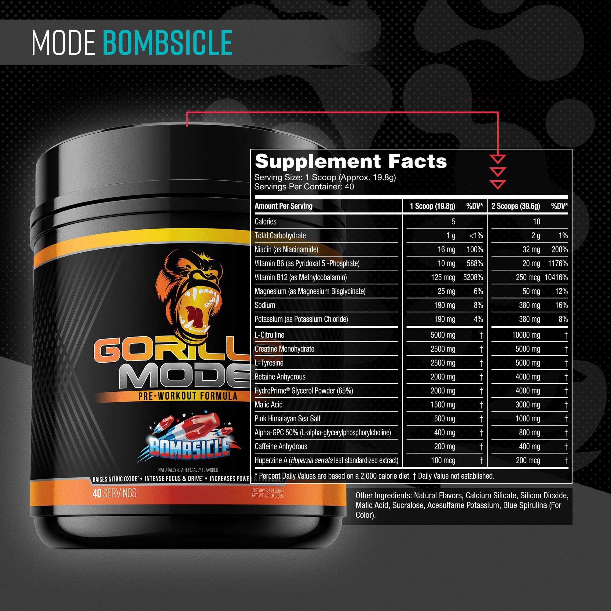 Gorilla Mode Pre Workout - Massive Pumps · Laser Focus · Energy · Power - L-Citrulline, Creatine, L-Tyrosine, Betaine, Hydroprime®, Alpha-GPC, 400mg Caffeine, Huperzine A - 620g (Bombsicle)
