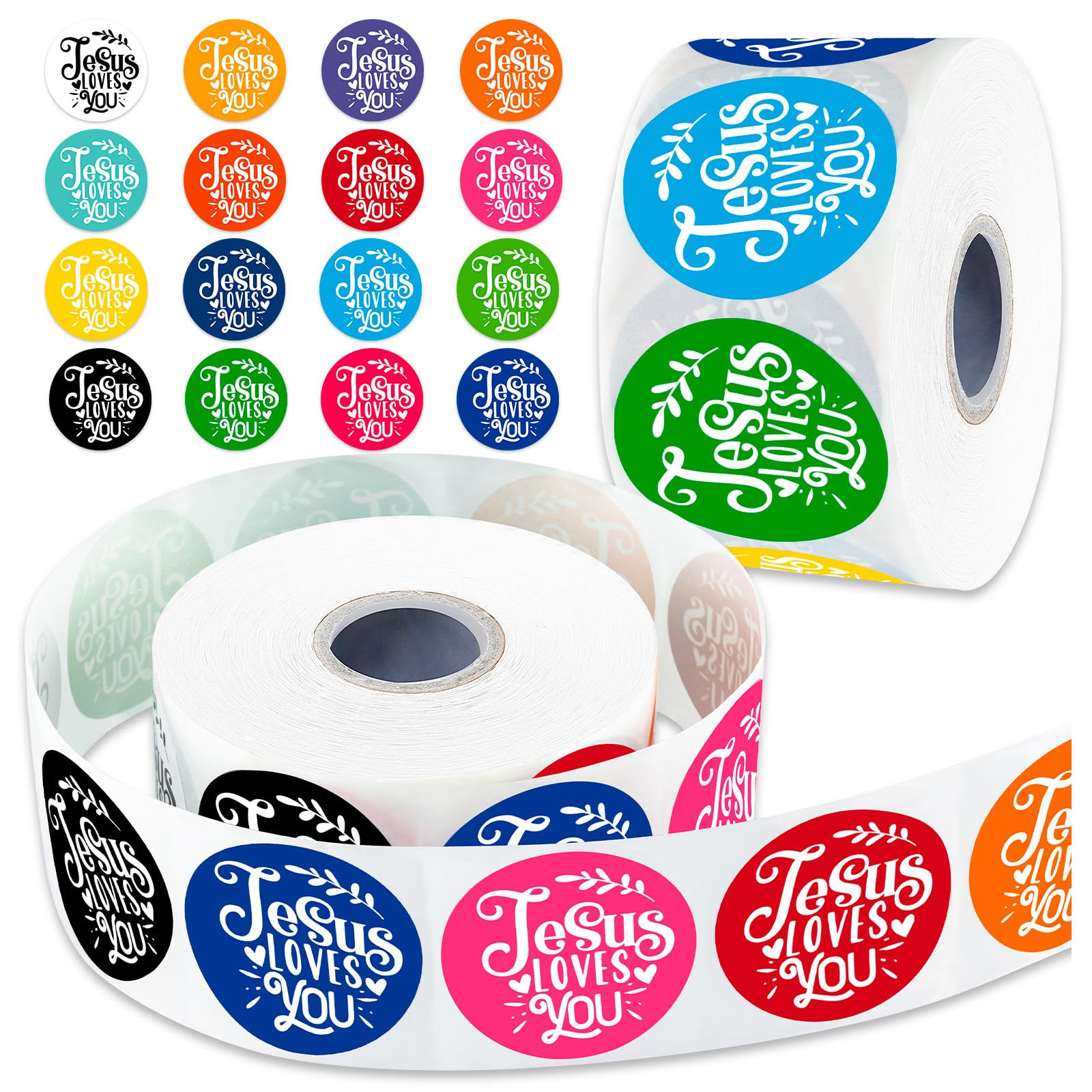 Photo 1 of 1200Pcs Jesus Loves You Stickers, 16 Colors Christian Religious Sticker Rolls, Jesus Loves You Decal Stickers for Kids Party Supplies(2 Rolls)