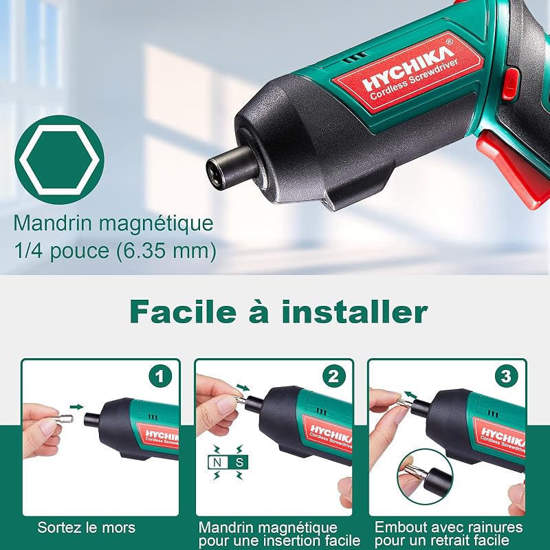 HYCHIKA Visseuse Sans Fil 6 Nm, Visseuse Devisseuse Sans Fil 2000mAh 3.6V avec 20 Accessoires, Lampe LED, Mandrin Magnétique, Câble de Chargement USB